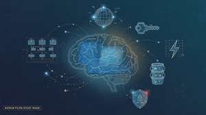 DIRECT CONNECT SAA-C03 blog hero. A stylized brain made of glowing AWS architecture circuit lines, surrounded by wireframe blueprint icons of AWS services including a multi-AZ topology, a KMS key, a globe with CloudFront edge points, a stack of S3 buckets, a Lambda lightning bolt, and a shield, set against a deep navy and dark teal gradient with subtle hexagonal grid texture and faint scan lines. Small gold tagline bottom left reads NAPKIN FILMS STUDY MODE.