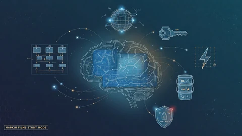 DIRECT CONNECT SAA-C03 blog hero. A stylized brain made of glowing AWS architecture circuit lines, surrounded by wireframe blueprint icons of AWS services including a multi-AZ topology, a KMS key, a globe with CloudFront edge points, a stack of S3 buckets, a Lambda lightning bolt, and a shield, set against a deep navy and dark teal gradient with subtle hexagonal grid texture and faint scan lines. Small gold tagline bottom left reads NAPKIN FILMS STUDY MODE.