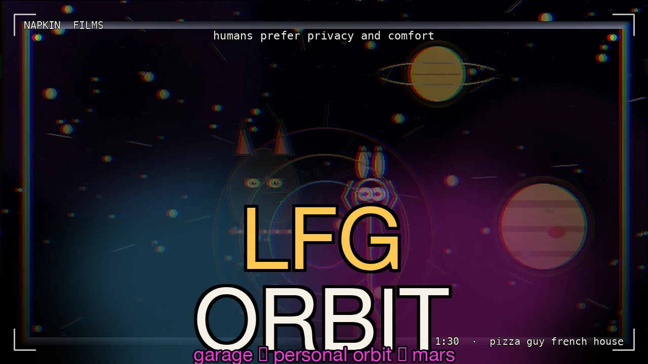 LFG ORBIT: a doberman MC and a bunny philosopher drive a Tesla to Mars
