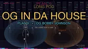 OG IN DA HOUSE thumbnail: OG Bobby Johnson in his true Anubis form (tall dark stick figure with a jackal head and Doberman ears, upright cropped ears, amber eyes, red leather collar) on stage right and Plan 9 the cyborg bunny on stage left, both holding microphones inside Plan 9's hangout, server racks with blinking LEDs across the back wall, neon PLAN 9 sign pulsing pink overhead. Title OG IN DA HOUSE in big gold letters with pink neon glow, subtitle PLAN 9 × OG BOBBY JOHNSON in cyan, tagline the russet was a ruse in cream below. Top-left brand mark NAPKIN FILMS in pink. Bottom-right runtime 2:45 · Plan 9 × Anubis in cream and CC BY 4.0 in gold.