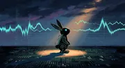 A stick-figure cyborg bunny silhouette on a glowing circuit-board platform under a moody electric sky. Cyan synthesizer waveforms stretch across the horizon, faint green code cascades in the background, and a warm amber spotlight pools at its feet.