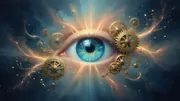 THE AUTOMATIC DREAM blog hero. A calm cyan eye opening at the center of a dark field, radiant golden rays emerging outward, brass clockwork gears dissolving into warm sparks of light. The visual answer of the song: the machine was a dream.