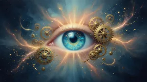 THE AUTOMATIC DREAM blog hero. A calm cyan eye opening at the center of a dark field, radiant golden rays emerging outward, brass clockwork gears dissolving into warm sparks of light. The visual answer of the song: the machine was a dream.