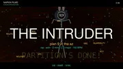 THE INTRUDER thumbnail: Plan 9 Glenda bunny standing in a red spotlight pool inside an AWS Availability Zone, neon perspective grid receding to the horizon, floating service badges (S3, DYNAMODB, ROUTE 53, EC2). Title THE INTRUDER in big cream letters with red neon glow, subtitle plan 9 in the az in amber, genre line rap edm D minor to D major 150 BPM in cyan, bottom tagline us- east-one in green. Top-left brand mark NAPKIN FILMS / A PLAN 9 PRODUCTION. Faint AWS service tokens scattered across the background, green binary rain texture.