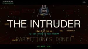 THE INTRUDER thumbnail: Plan 9 Glenda bunny standing in a red spotlight pool inside an AWS Availability Zone, neon perspective grid receding to the horizon, floating service badges (S3, DYNAMODB, ROUTE 53, EC2). Title THE INTRUDER in big cream letters with red neon glow, subtitle plan 9 in the az in amber, genre line rap edm D minor to D major 150 BPM in cyan, bottom tagline us- east-one in green. Top-left brand mark NAPKIN FILMS / A PLAN 9 PRODUCTION. Faint AWS service tokens scattered across the background, green binary rain texture.