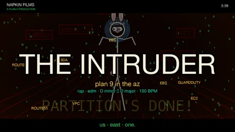THE INTRUDER thumbnail: Plan 9 Glenda bunny standing in a red spotlight pool inside an AWS Availability Zone, neon perspective grid receding to the horizon, floating service badges (S3, DYNAMODB, ROUTE 53, EC2). Title THE INTRUDER in big cream letters with red neon glow, subtitle plan 9 in the az in amber, genre line rap edm D minor to D major 150 BPM in cyan, bottom tagline us- east-one in green. Top-left brand mark NAPKIN FILMS / A PLAN 9 PRODUCTION. Faint AWS service tokens scattered across the background, green binary rain texture.
