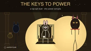 THE KEYS TO POWER thumbnail. Plan 9 the cyborg bunny sits enthroned under a warm spotlight at center; OG Bobby Johnson, a Doberman (Anubis, the System), watches from the right; a shadowy rival waits at the left with a bag of gold. Stone columns and a perspective floor frame a throne room. Title THE KEYS TO POWER in gold.