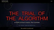 THE TRIAL OF THE ALGORITHM thumbnail: Stranger Things-styled red bloom serif title stacked across two lines (THE TRIAL OF / THE ALGORITHM) over a blue-tinted courtroom backdrop, two black silhouetted MST3K-style commentator heads at the bottom-left and bottom-right with subtle gold eye-shines, gold tagline "the verdict is autotuned" along the bottom centre, top-left brand block "NAPKIN FILMS / A PLAN 9 PRODUCTION", top-right runtime tag "7:21".