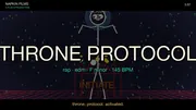 THRONE PROTOCOL thumbnail: Plan 9 Glenda bunny standing on the flame-licked throne against a Kubrick navy backdrop with neon floor grid and lemming dancers. The title THRONE PROTOCOL in big cream letters with red stroke and amber glow, subtitle reads rap edm F minor 145 BPM in cyan, bottom tagline throne protocol activated in gold. Top-left corner mark NAPKIN FILMS / A PLAN 9 PRODUCTION. Binary-rain hacker texture in green digits scattered across.