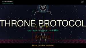 THRONE PROTOCOL thumbnail: Plan 9 Glenda bunny standing on the flame-licked throne against a Kubrick navy backdrop with neon floor grid and lemming dancers. The title THRONE PROTOCOL in big cream letters with red stroke and amber glow, subtitle reads rap edm F minor 145 BPM in cyan, bottom tagline throne protocol activated in gold. Top-left corner mark NAPKIN FILMS / A PLAN 9 PRODUCTION. Binary-rain hacker texture in green digits scattered across.