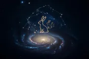 Title card for ATMAN, Song 15 of Out of Your Mind: a glowing stick-figure bunny with nested smaller selves behind it over a turning golden galaxy in a deep cosmic star-field, a Napkin Films production