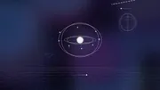 A glowing AI core with tumbling wireframe rings and orbiting nodes over a synthwave grid and drifting nebula.