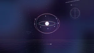 A glowing AI core with tumbling wireframe rings and orbiting nodes over a synthwave grid and drifting nebula.
