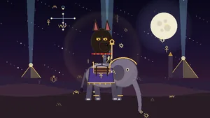 Anubis on a gold howdah throne riding a great elephant across a moonlit desert of pyramids and stars.