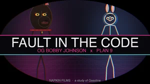 OG Bobby Johnson the Doberman and Plan 9 the cyborg bunny flanking the title FAULT IN THE CODE in a neon machine-room.
