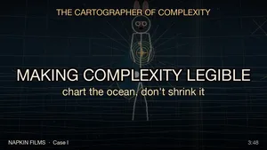 Title card for Making Complexity Legible, Case I of The Cartographer of Complexity: a stick-figure cartographer over a wireframe grid beneath the line chart the ocean, don't shrink it, a Napkin Films production