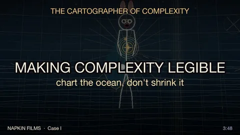 Title card for Making Complexity Legible, Case I of The Cartographer of Complexity: a stick-figure cartographer over a wireframe grid beneath the line chart the ocean, don't shrink it, a Napkin Films production