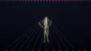 Hero frame for MAYA, Song 09 of Out of Your Mind: a stick-figure bunny on a skeleton rig throwing its arms up in a hall of mirrors, god-ray beams fanning from a vanishing point, nested reflections receding into the dark, a Napkin Films production