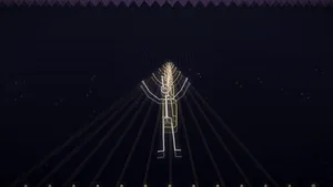 Hero frame for MAYA, Song 09 of Out of Your Mind: a stick-figure bunny on a skeleton rig throwing its arms up in a hall of mirrors, god-ray beams fanning from a vanishing point, nested reflections receding into the dark, a Napkin Films production
