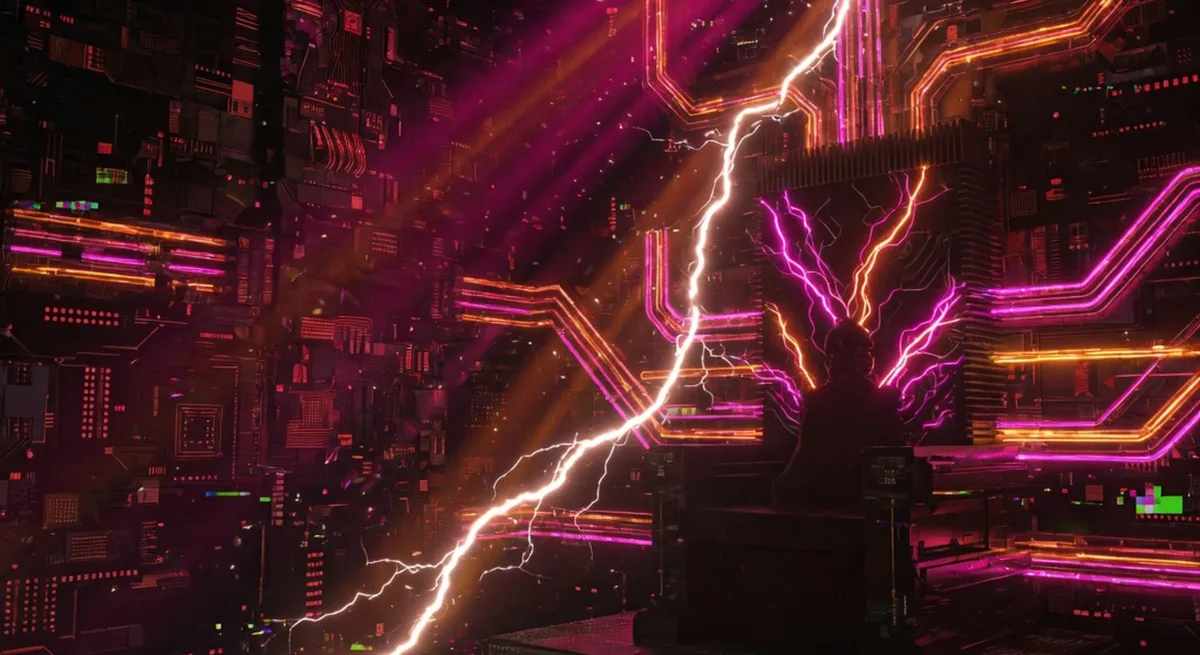 Album cover for Napkin Films, Vol. 2: a dark circuit-board throne room lit in magenta and amber neon, with a white lightning bolt striking down through the center.
