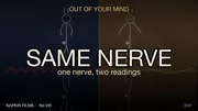 Title card for SAME NERVE, Song 08 of Out of Your Mind: a split frame, a stick-figure bunny on a jagged red nerve in cold blue on the left and the same figure on a smooth gold wire in warm light on the right, one nerve, two readings, a Napkin Films production