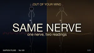 Title card for SAME NERVE, Song 08 of Out of Your Mind: a split frame, a stick-figure bunny on a jagged red nerve in cold blue on the left and the same figure on a smooth gold wire in warm light on the right, one nerve, two readings, a Napkin Films production