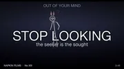 Title card for STOP LOOKING, Song 13 of Out of Your Mind: a stick-figure bunny mid-search in a cool slate-blue field with question marks drifting around it, a Napkin Films production