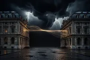 Two libraries across a dark city joined by a single thread of light that a storm is breaking, an image for distributed data and the tradeoff between consistency and availability