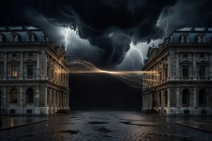 Two libraries across a dark city joined by a single thread of light that a storm is breaking, an image for distributed data and the tradeoff between consistency and availability