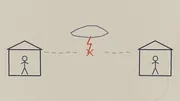 A napkin sketch of two buildings joined by a phone line, a storm breaking the line, and the CAP triangle, in deep indigo ink on warm paper.