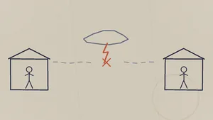 A napkin sketch of two buildings joined by a phone line, a storm breaking the line, and the CAP triangle, in deep indigo ink on warm paper.