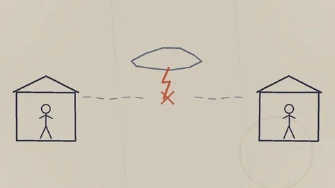 A napkin sketch of two buildings joined by a phone line, a storm breaking the line, and the CAP triangle, in deep indigo ink on warm paper.