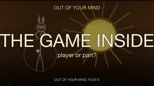 THE GAME INSIDE hero. A stick figure bunny on a lit stage holds a blazing golden sun in its hands, the red curtain behind it. Out of Your Mind, Film IV.