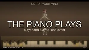 A stick-figure bunny hovering over a glowing piano keyboard, keys lit a beat ahead of its hands, a constellation rising behind it.