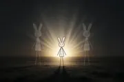 Title card for THIS IS IT, Song 12 of Out of Your Mind: a stick-figure bunny standing in a warm flood of dawn light with two faded met-selves to either side, god-rays opening from a glowing sun, a Napkin Films production
