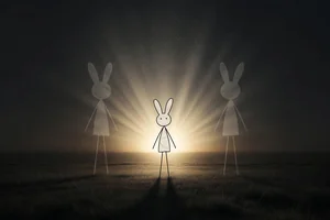 Title card for THIS IS IT, Song 12 of Out of Your Mind: a stick-figure bunny standing in a warm flood of dawn light with two faded met-selves to either side, god-rays opening from a glowing sun, a Napkin Films production
