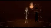 Title card for KALI, Song 16 of Out of Your Mind: a small stick-figure bunny and a tall four-armed silhouette of the goddess Kali with a halo of flame, dancing together inside a burning ring on a dark cremation ground, a Napkin Films production
