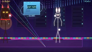 Plan 9 the cosmic bunny and OG Bobby Johnson the Doberman on a basement studio stage, a glowing local machine between them, neon wave lights behind.