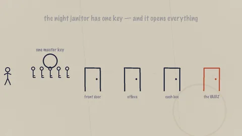 A hand-drawn key ring on napkin paper opening a row of doors, front door, offices, cash box, and the vault, from Learning Maps Episode 14