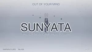 Title card for SUNYATA, Song 19 of Out of Your Mind: a stick-figure bunny becoming a window with sky showing through it, on a pale luminous field, a Napkin Films production