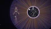 A frame from TAT TVAM ASI, Song 17 of Out of Your Mind: the inside of an eye, with amber and violet iris fibres radiating from a dark pupil, a small stick-figure bunny standing on the iris, and a second starlit bunny inside the pupil, a Napkin Films production