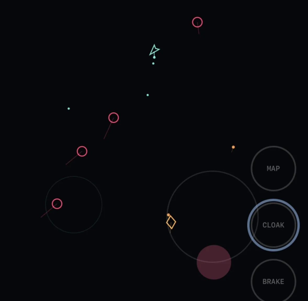 Wave 3, crossfire, on a phone: red hunters coming in from the lower left, the teal ship firing, and the touch controls for moving, MAP, CLOAK and BRAKE