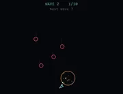A real 7helm screenshot from a phone: wave 2, four red hunter circles bearing down on the player's small teal ship beside an orange ring of debris