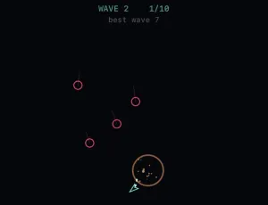 A real 7helm screenshot from a phone: wave 2, four red hunter circles bearing down on the player's small teal ship beside an orange ring of debris