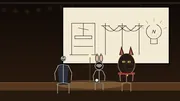 The Governor, Plan 9 the bunny and OG Bobby Johnson the Doberman sit together on a dim keynote stage under a single ghost light, in front of a napkin sketch of a printing press, a power line and a light bulb.