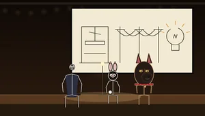 The Governor, Plan 9 the bunny and OG Bobby Johnson the Doberman sit together on a dim keynote stage under a single ghost light, in front of a napkin sketch of a printing press, a power line and a light bulb.