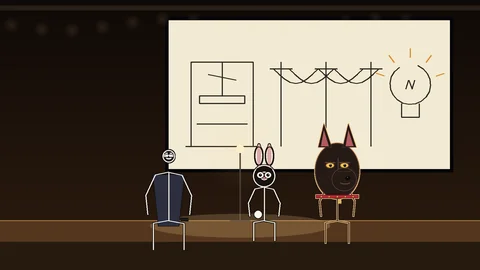 The Governor, Plan 9 the bunny and OG Bobby Johnson the Doberman sit together on a dim keynote stage under a single ghost light, in front of a napkin sketch of a printing press, a power line and a light bulb.