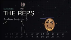 Title card for THE REPS, Dark Room, Same Hour: Plan 9 the stick-figure bunny and OG Bobby Johnson the potato stand in a dark room over a floor covered in tally marks, a Napkin Films production