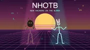 OG Bobby Johnson the Doberman and Plan 9 the bunny on a pastel synthwave stage under pink and teal spotlights, a neon NHOTB sign behind them.