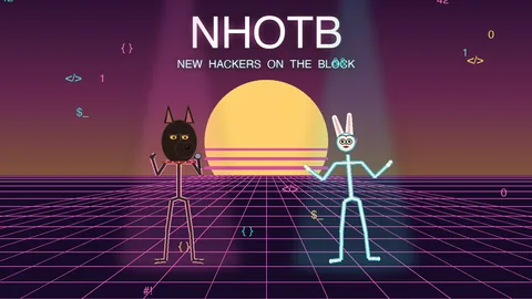 OG Bobby Johnson the Doberman and Plan 9 the bunny on a pastel synthwave stage under pink and teal spotlights, a neon NHOTB sign behind them.